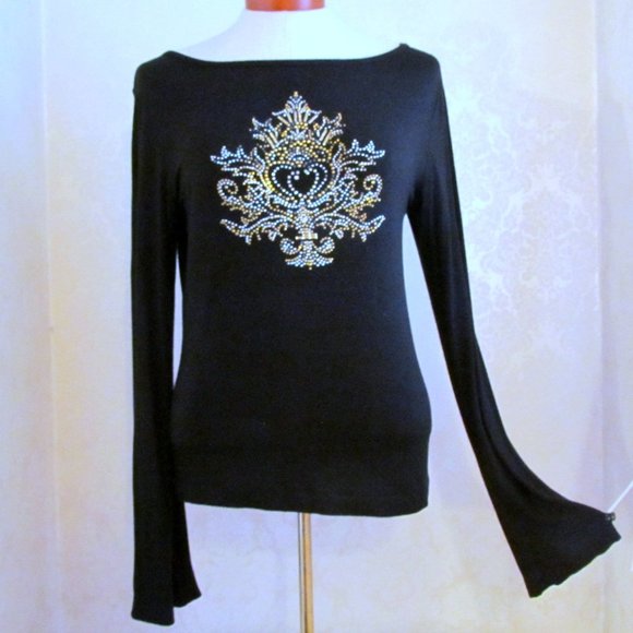 EMBELLISHED BLACK TOP, M, GOLD & SILVER BLING SPARKLY DESIGN, LONG SLEEVED RAYON - Picture 1 of 4